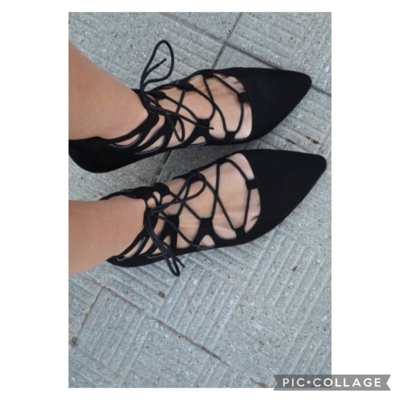 Anthropologie Billy Ella Black Faux Suede Lce-Up Pointy Toe Flats Size 7.5 - Picture 2 of 16